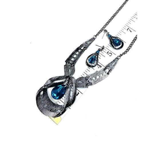 NEW Aqua Blue Rhinestone Turquoise Enamel Necklace Earrings Set Lot F024 - Picture 3 of 5